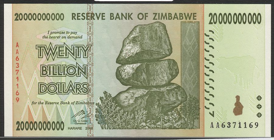 2008 Reserve Bank of Zimbabwe $20,000,000,000 Note (Twenty Billion Dollars), GemCU